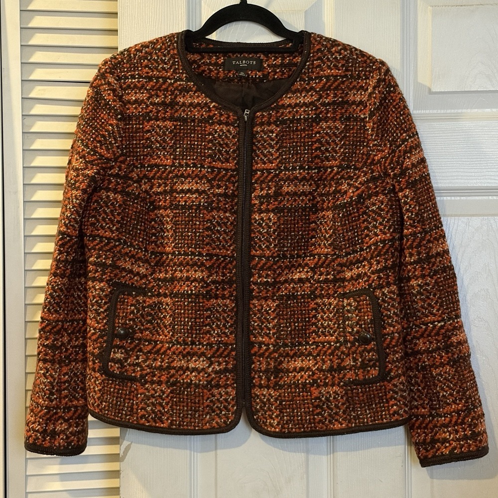 Talbots Tweed Wool Blend Zip Blazer Jacket Petite 12P Orange Brown Career Preppy